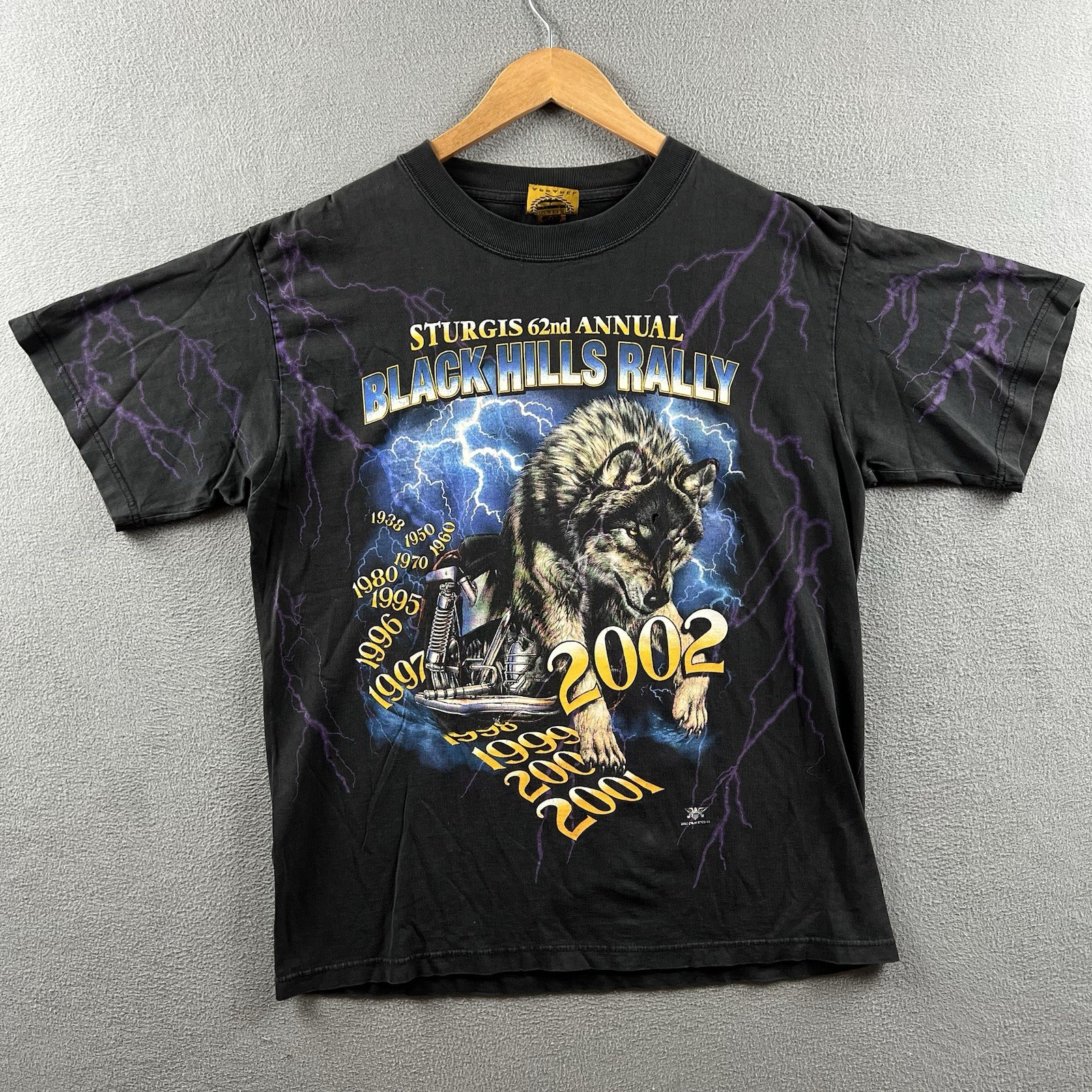 Vintage Sturgis Shirt Mens Large Black Purple Lightning Wolf Biker Rally AOP