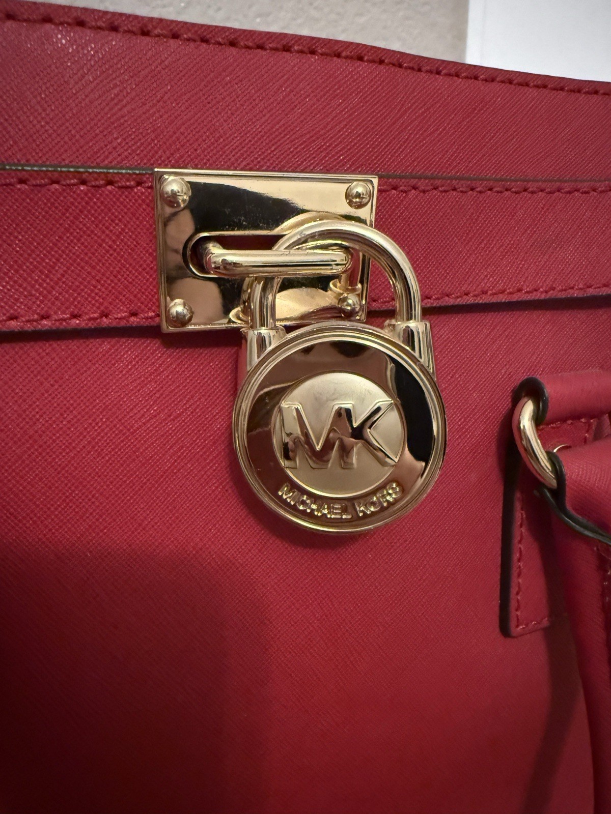 Michael Kors Red Medium Satchel Top Handle Bag Chain Strap Gold Hardware Lock