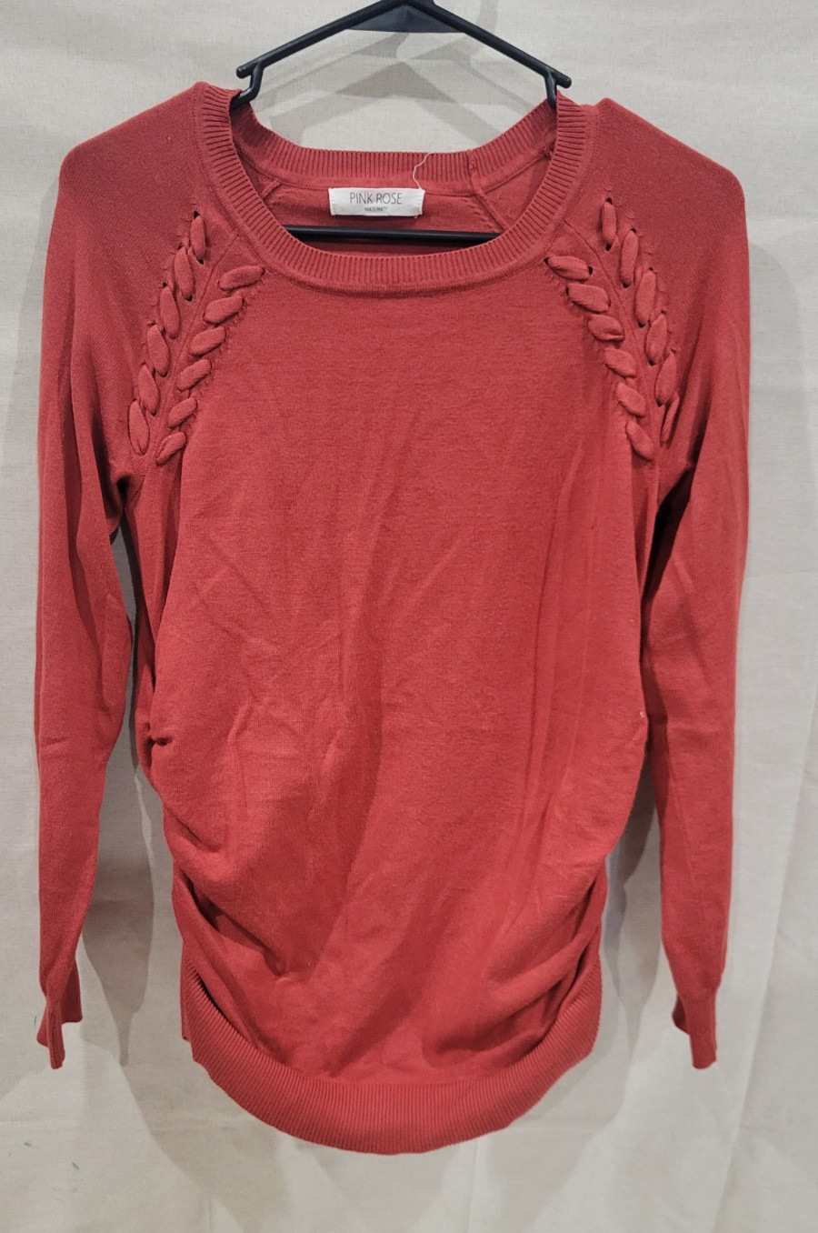 Pink Rose Maternity Red Solid Knit Pullover Sweater Round Neck Braided S