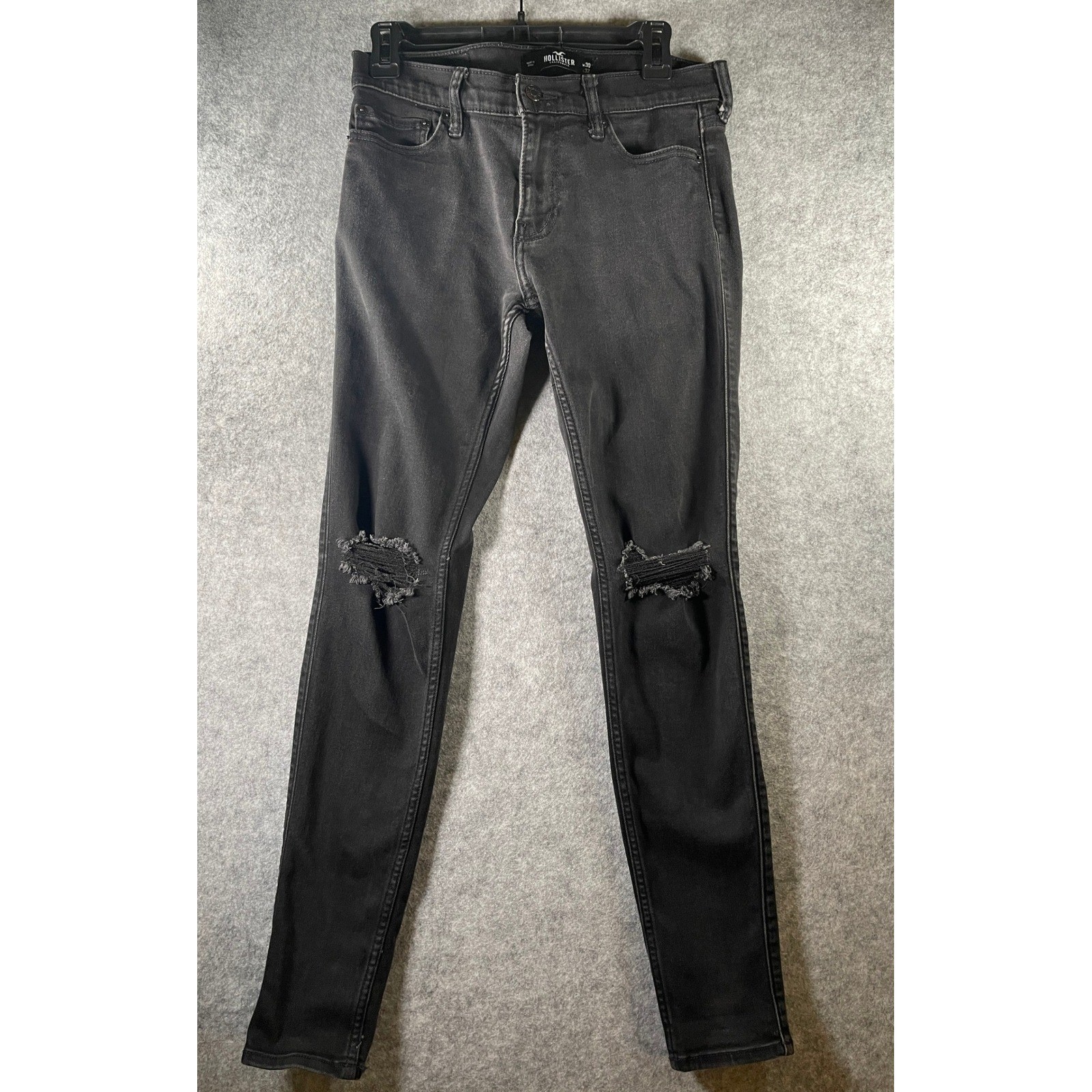 Hollister Men’s Distressed Skinny Jeans Faded Black W30 L32 Knee Rips Denim