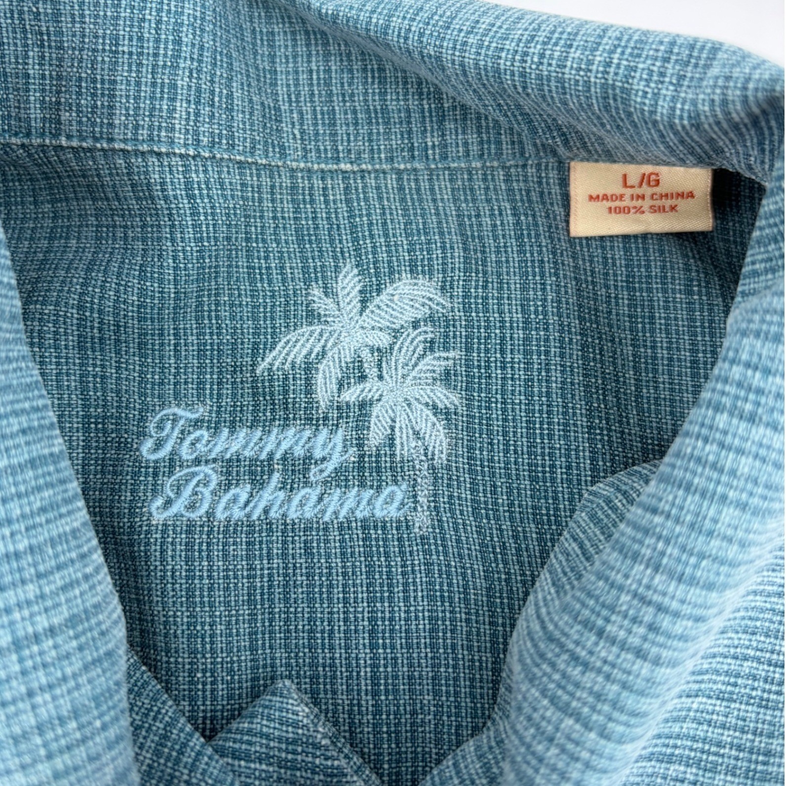Tommy Bahama Mens Large Silk Tropical Jacquard Camp Shirt Teal Blue Pineapple