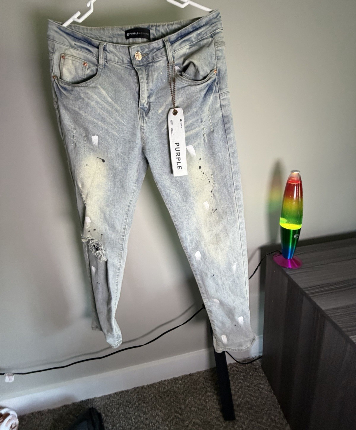 PURPLE BRAND Men’s Light Blue Light Wash Distressed Skinny Slim Fit Jeans 32