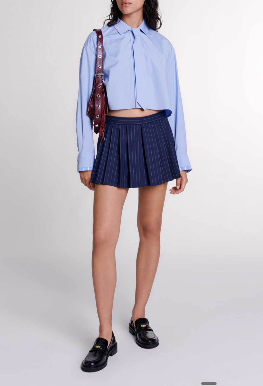 NWT Maje Light Blue Cropped Button Down Shirt with Removable Tie Size S Small