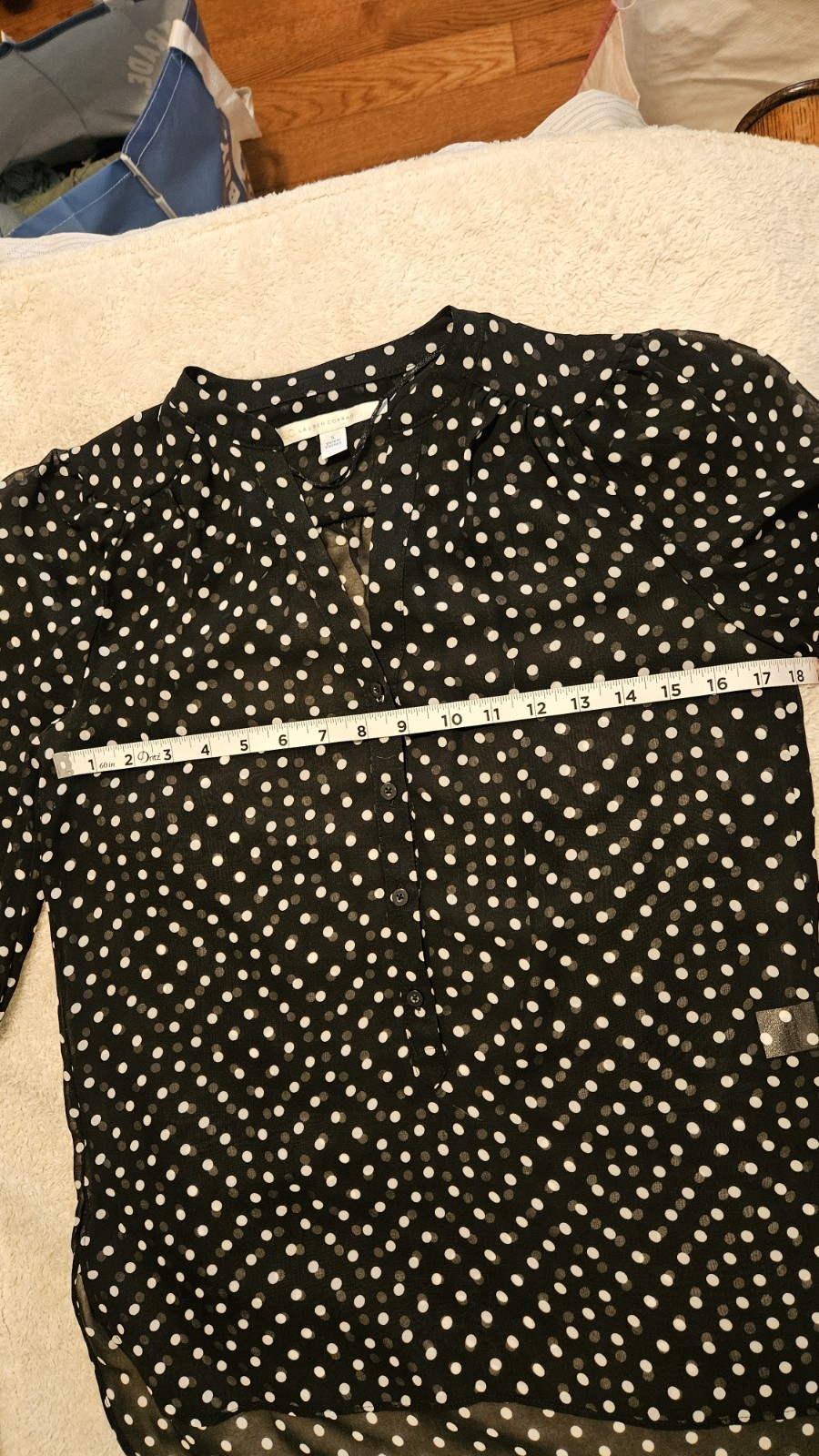 LC Lauren Conrad Black/White Polka Dot V-Neck Sheer Chiffon Button Blouse S