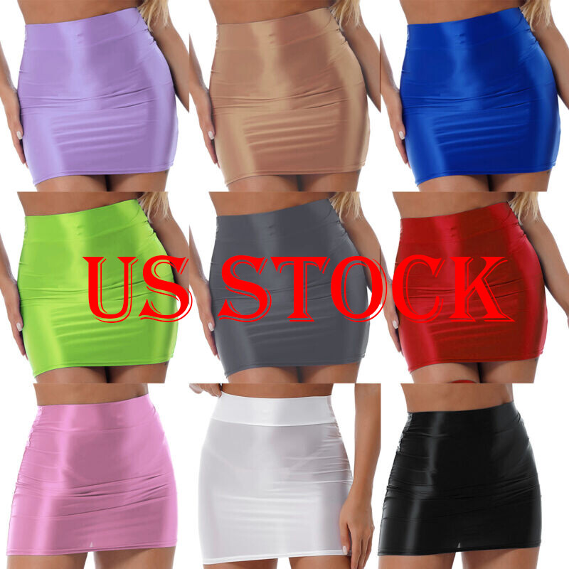 US Women Shiny Shaping Miniskirt Oily Shimmery Bodycon Skirt Sexy Party Clubwear