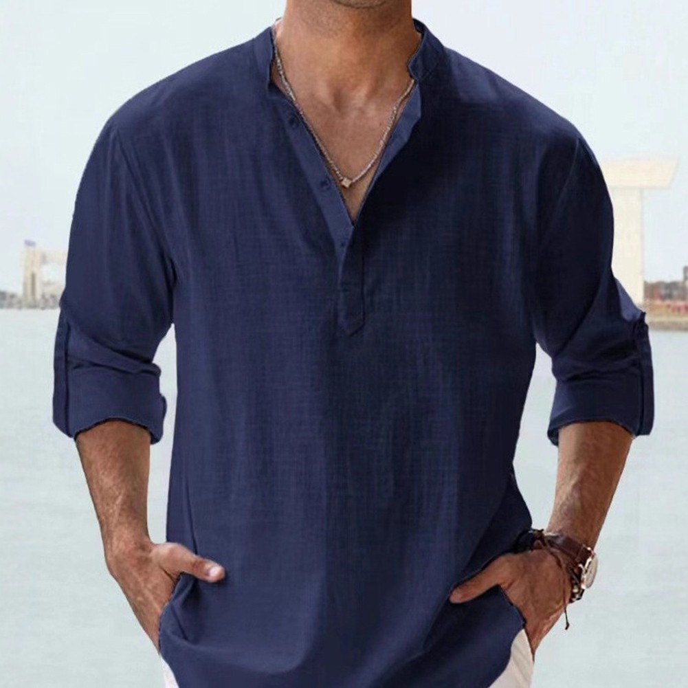Men Linen Shirt Office Casual Stretch Fabric 80%Cotton Blend+20%Spandex