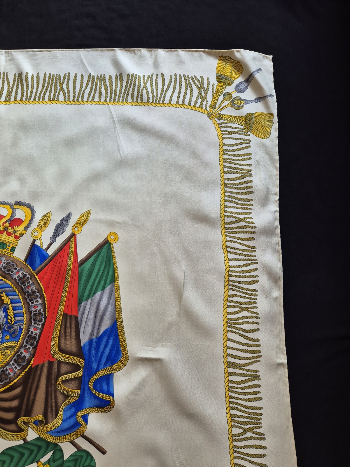 ESCADA 82cm Vintage Silk Square Scarf Family Crest Shield Cream Yellow Tassel