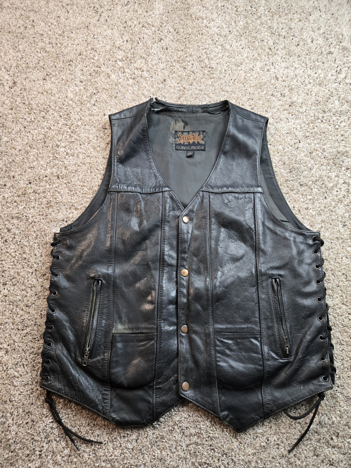 Street & Steel Gunslinger Leather Vest Mens Large Black Snap Front Lace Up