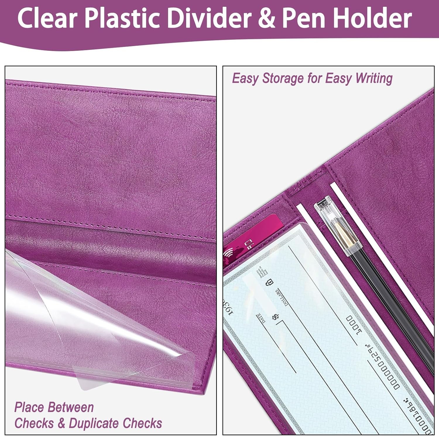 Leather Checkbook Cover for Top & Side Tear Registers Duplicate Checks with Plas