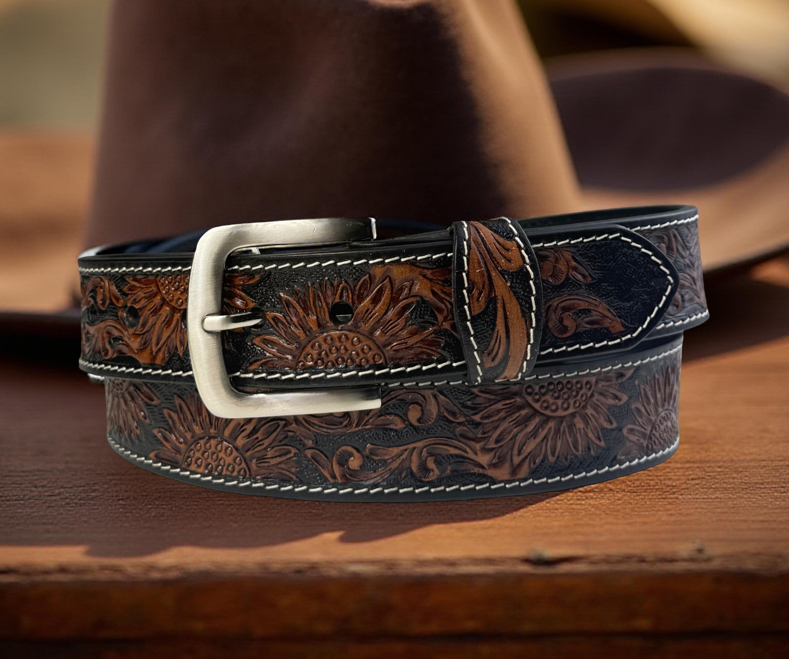 Western Leathe Belt Cowboy Rodeo Full Grain Leather Hand Tooled Removable Buckle