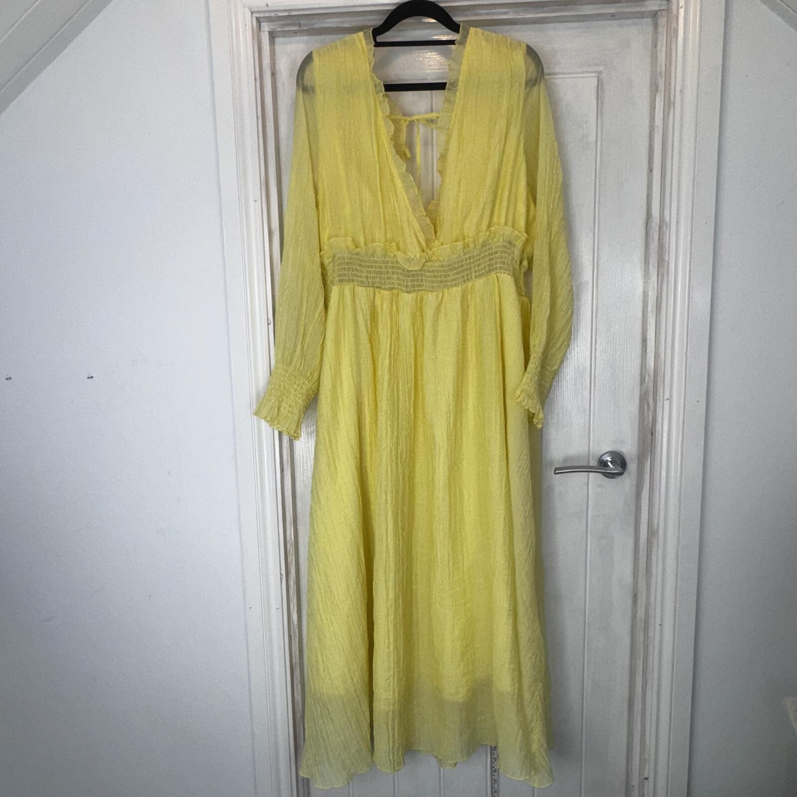 SHEIN Curve Yellow Lemon Boho Maxi Dress 4XL Ruffle Plunge Long Sleeve