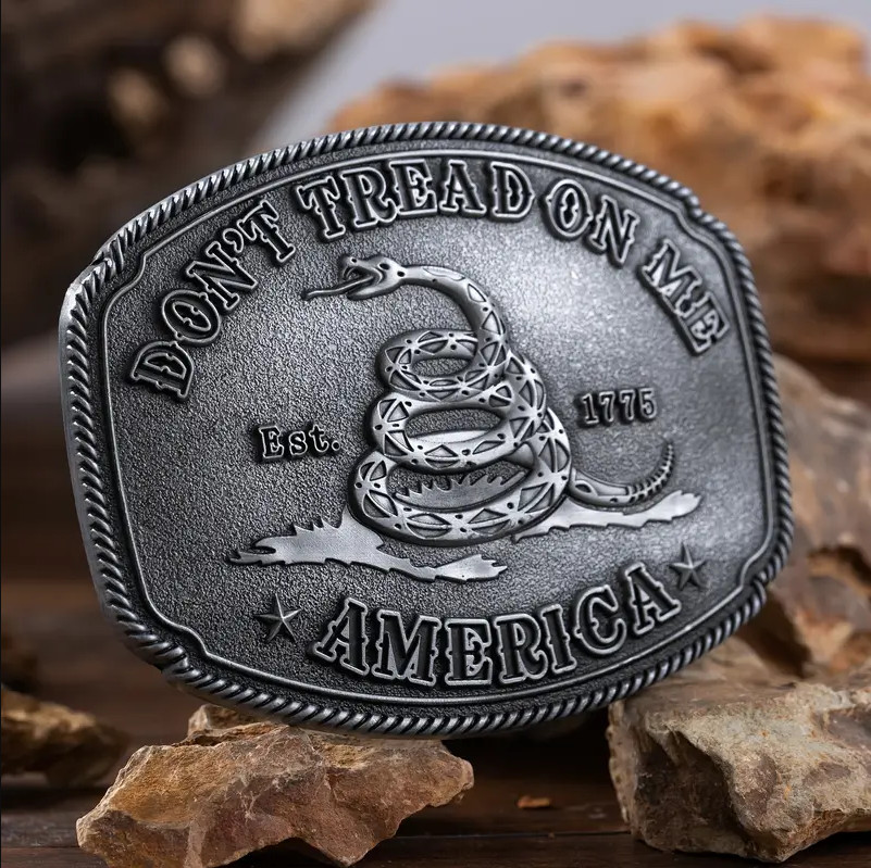 America Don’t Tread On Me Gadsden Flag Snake Belt Buckle Antique Silver Tone