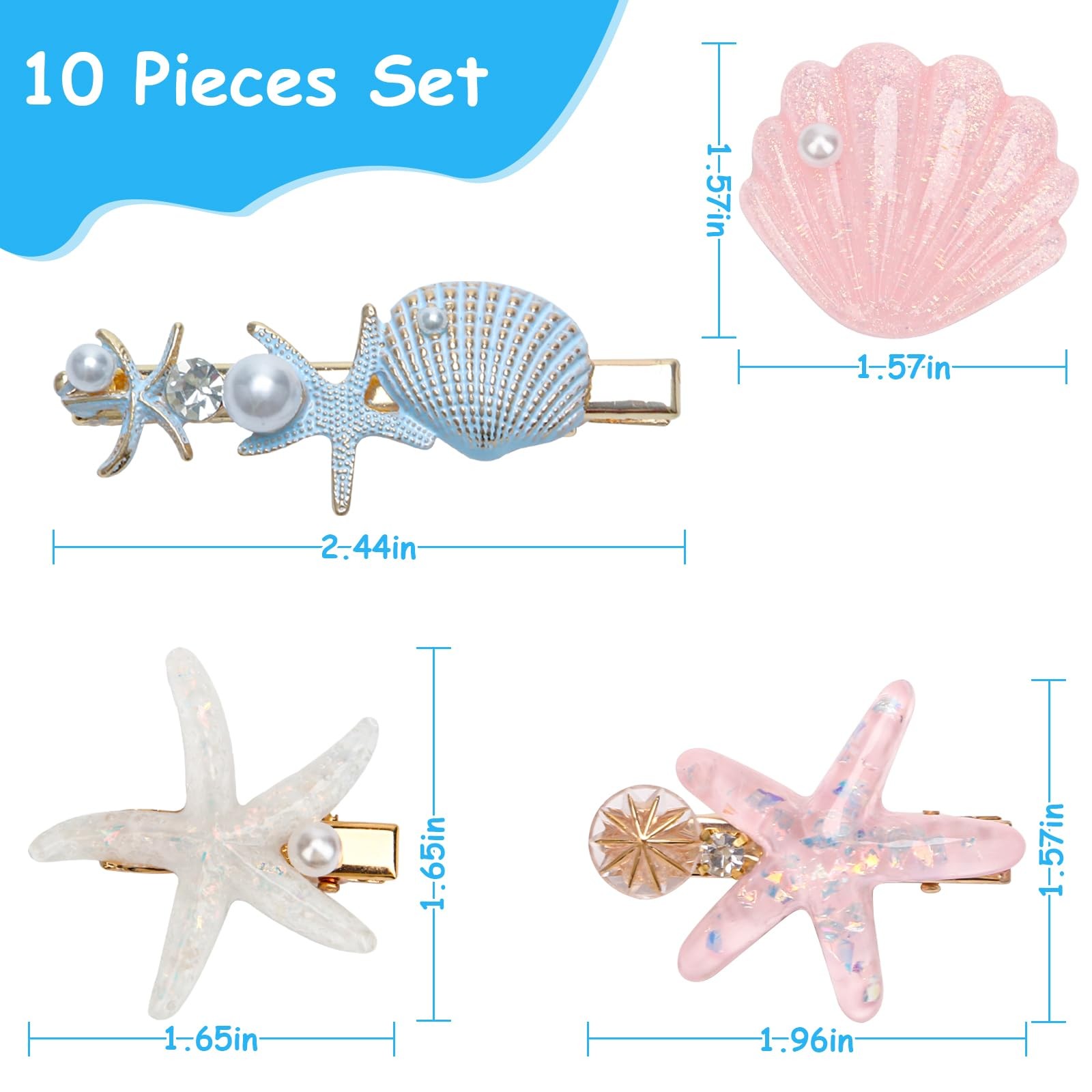 10 PCS Starfish Hair Clips Seashell Clip 1 Count (Pack of 10), pink,blue