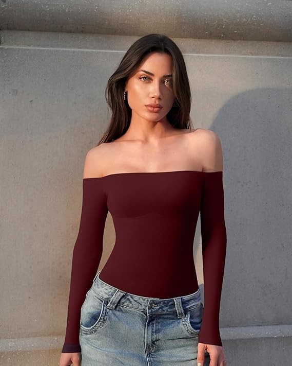 OQQ Bodysuit Womens Off-Shoulder Long Sleeve Seamless Shapewear Top Red M