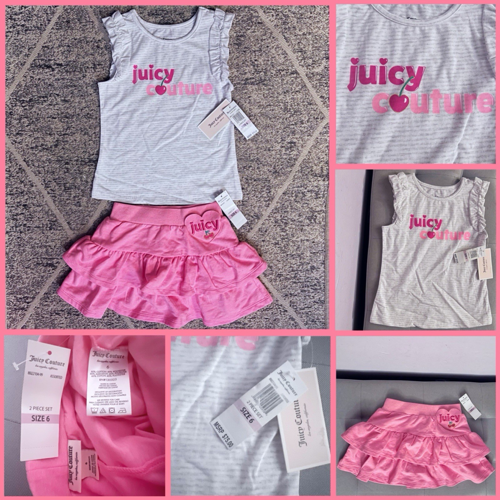 Juicy Couture Girls Size 6 Heather Gray & Pink Color 2pc Ruffle Scooter Set $75