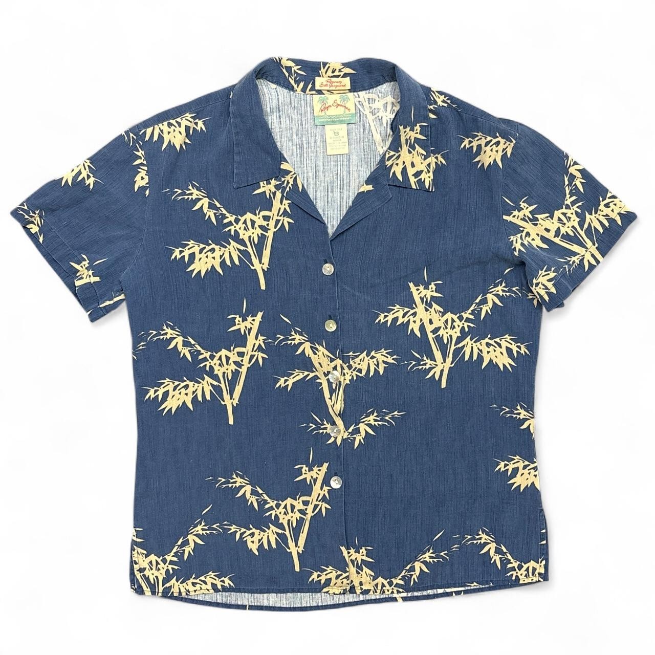Reyn Spooner Hawaiian Shirt Womens Small Regency Silk Jacquard Blue Short Sleeve