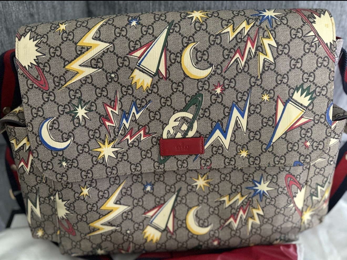 Gucci GG Supreme Rocket Print Messenger Bag Beige/Multicolor, Adj Strap, Dust