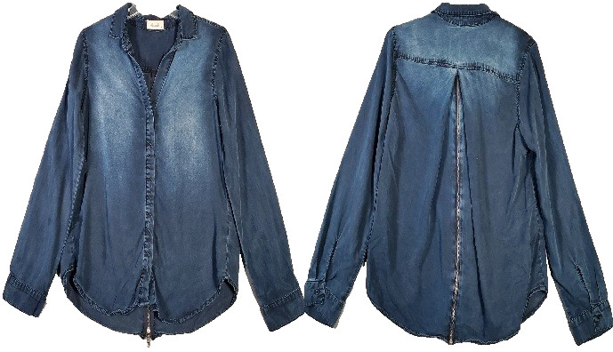 Bella Dahl Top Womens L Blue Chambray Button Up Zip Back Tencel Long Sleeve Boho