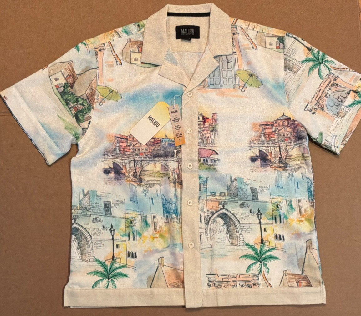 NWT $68 Malibu by Drill Clothing Textured Fabric Linen Look Cityscape Shirt sz L