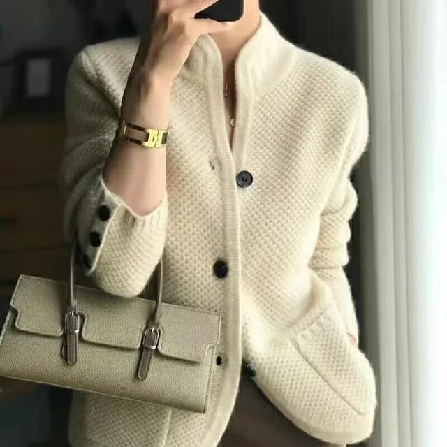 Winter Wool Top Womens Cardigan Blend Sweater Long Sleeve High Collar Sweater–#
