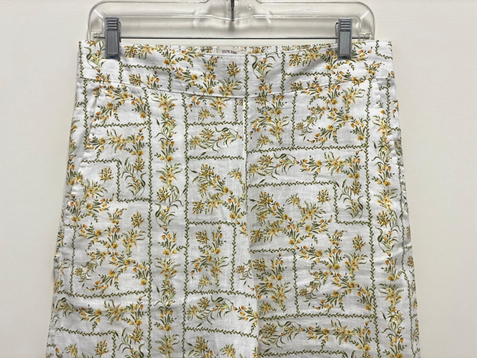 JOIE LINEN PANTS-White, Full Leg, Elastic Back Waistband, Green/Yellow Floral, M