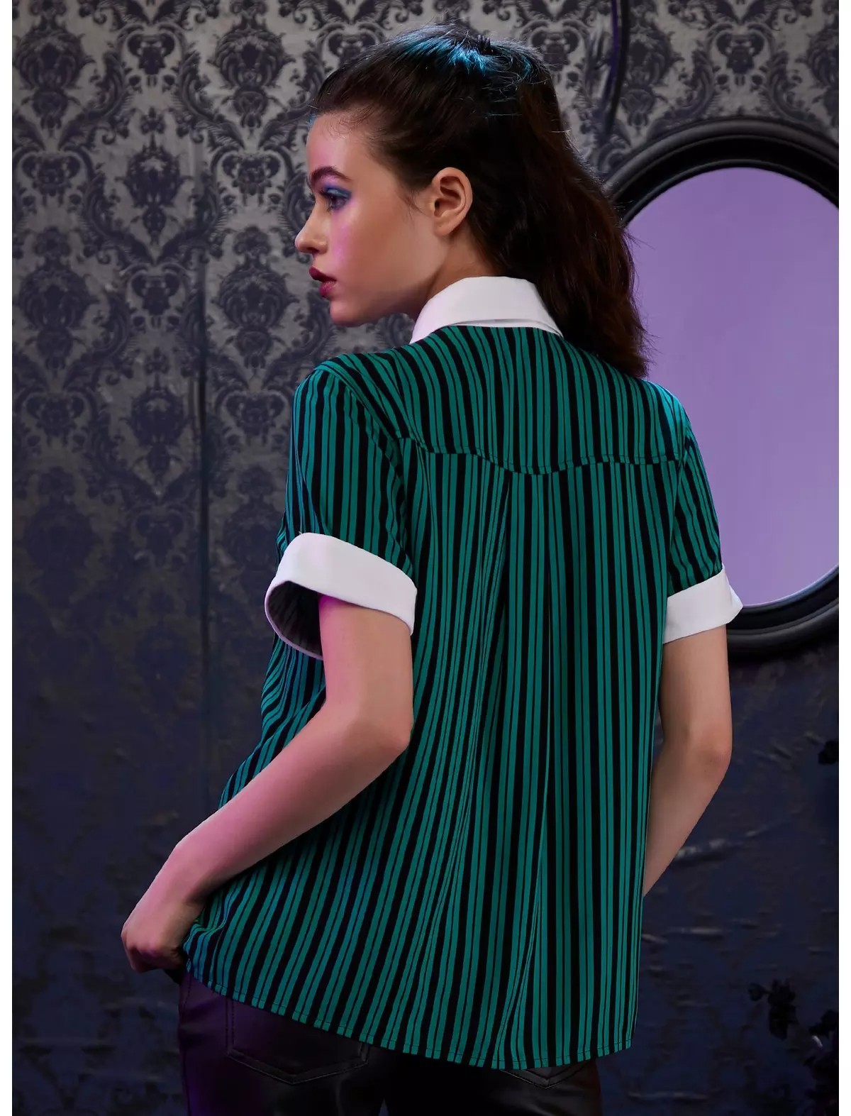 Disney Her Universe Haunted Mansion Leota Stripe Button Up Shirt Size Large NWOT