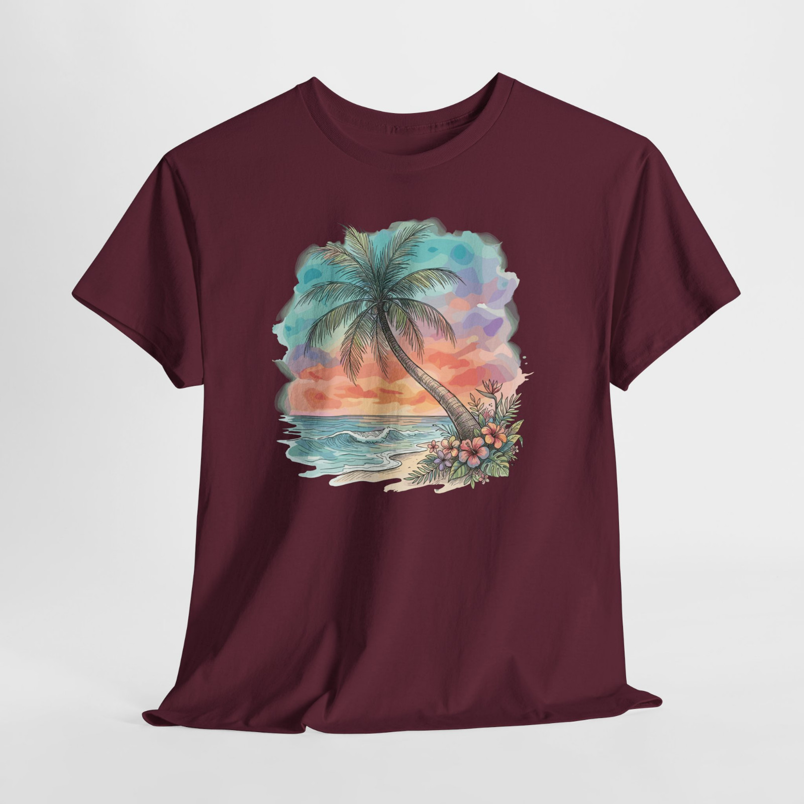 Sunset Beach Palm Tree Ocean Gift Graphic T Shirt Tee Top S-XL, Plus 2X 3X 4X 5X