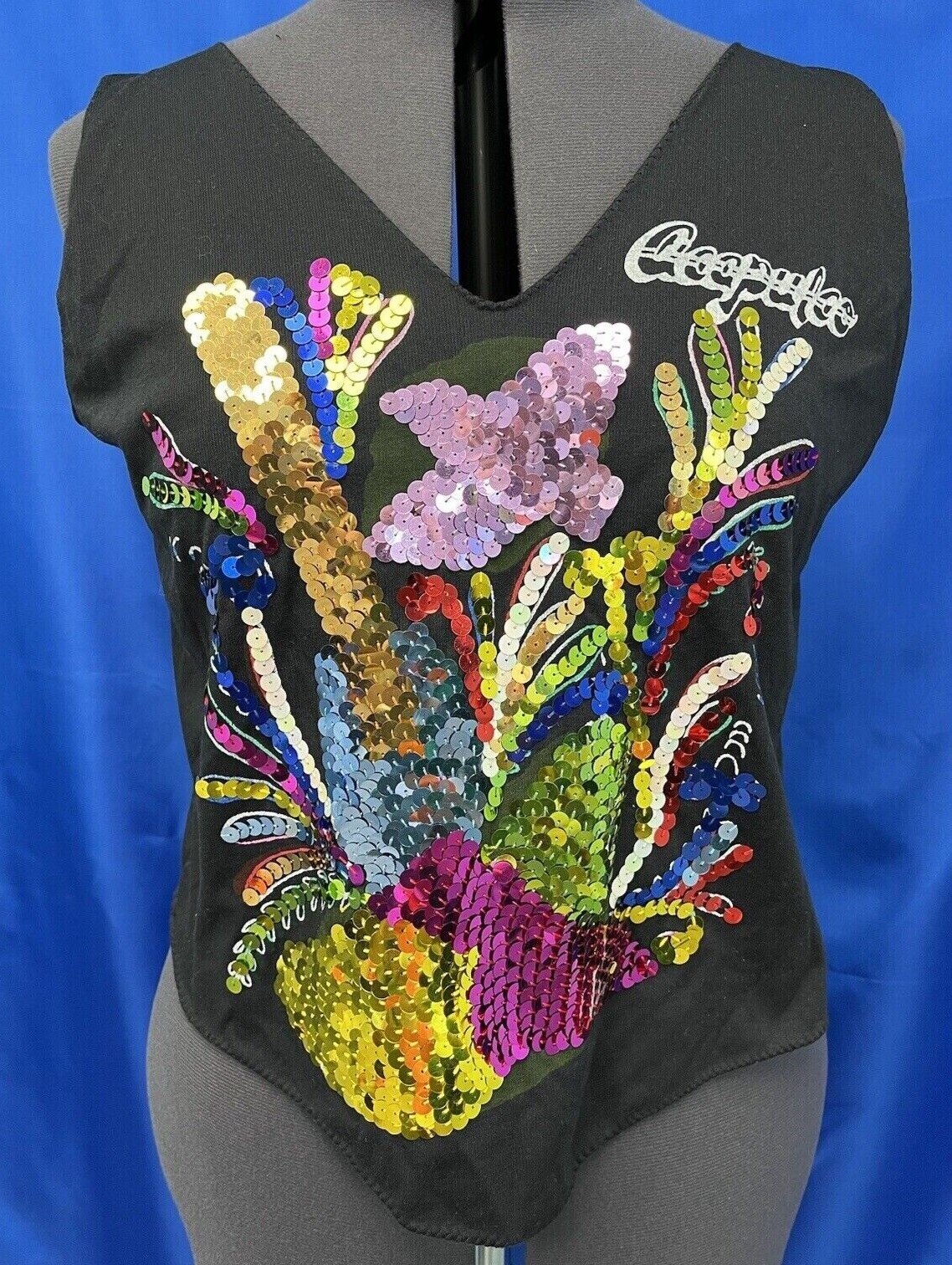 Women’s Vintage 80’s Sequin Dance Club T-Shirt M-L Black Knit Fame Flashdance 