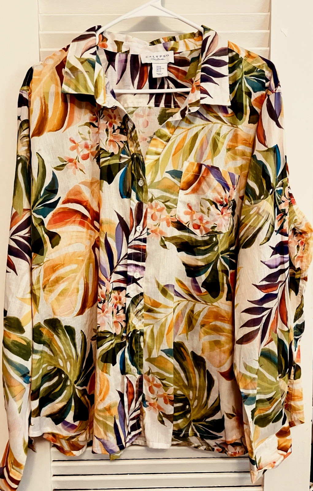 XL) CALYPSO St. Barth 100% Lawn Cotton Lightweight Buttondown Tropical LeavesTop