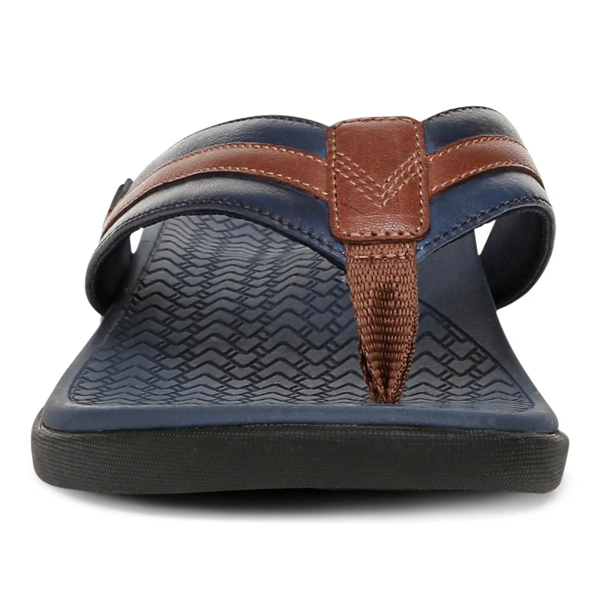 Vionic Tide II Men Toe Post Sandal Orthotic Flip Flop Navy Brown Leather New