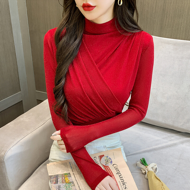Lady Turtlenecks Shirt Shiny Slim Tee Pleated Tops Short Blouse Undershirt Basic