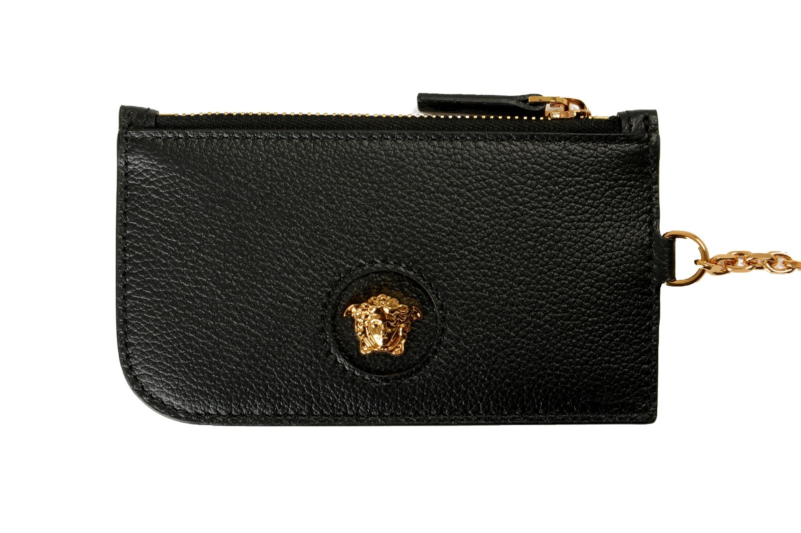 Versace Black 100% Textured Leather Gold Medusa Head Card Case Keychain
