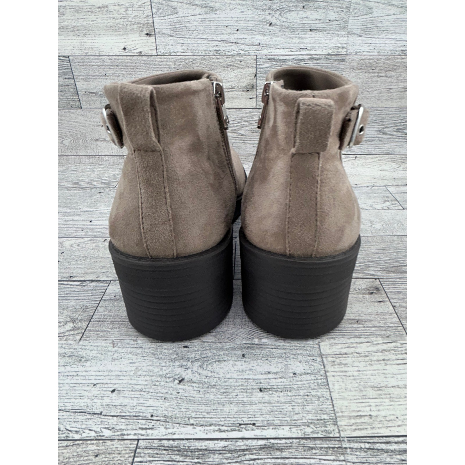 Bzees Olivia Taupe Fabric Suede Ankle Boots Washable Block Heel Women Size 7W