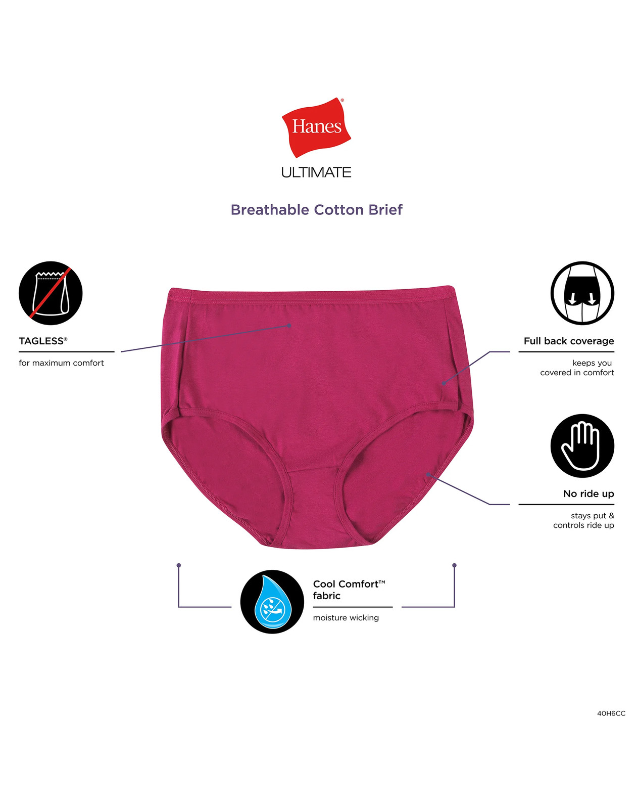 Hanes Brief 6-Pack Ultimate Breathable 100% Cotton No ride up Preshrunk Seamless