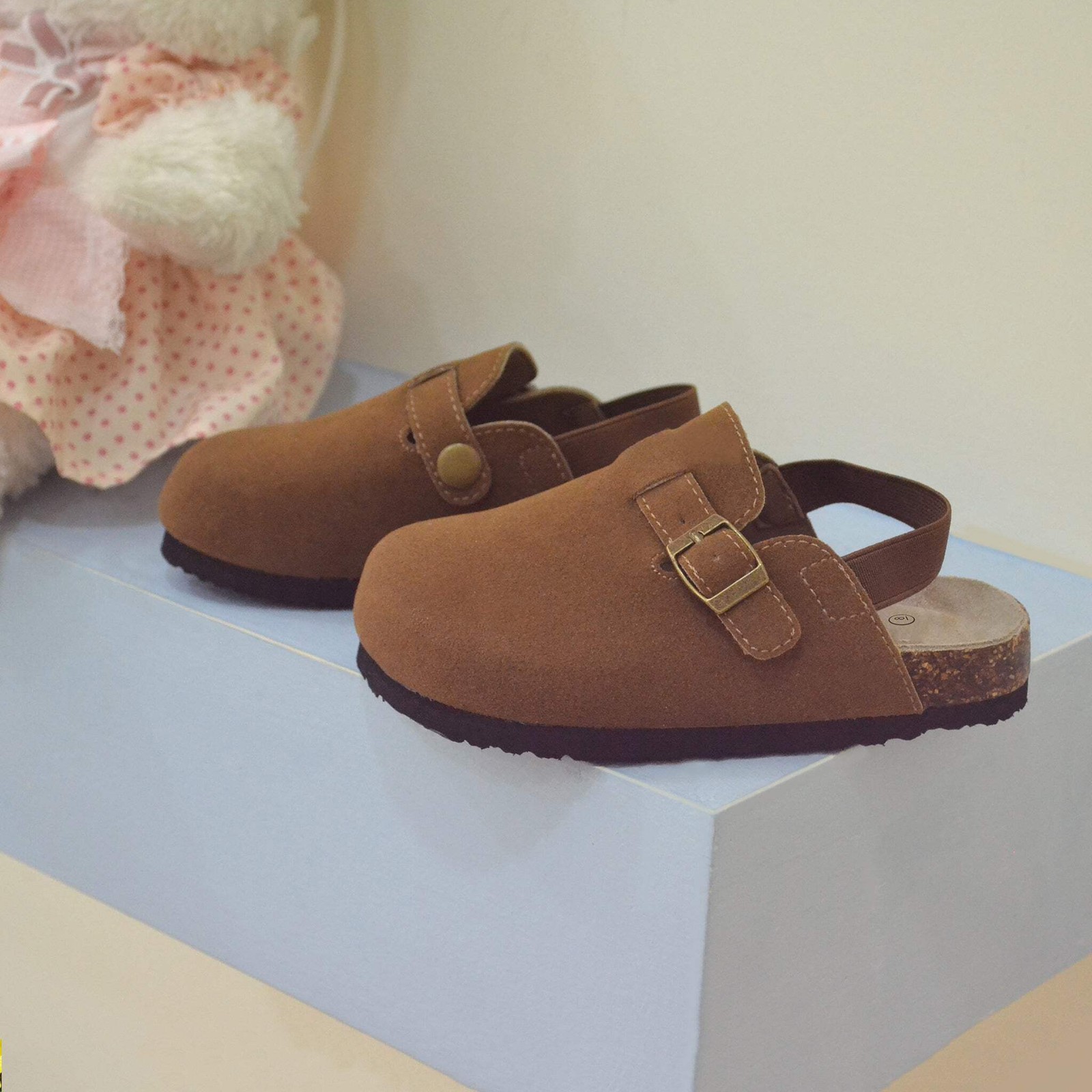 Toddler Kids Suede Nonslip Clogs Adjustable Buckle Cork Footbed Back Strap Shoes