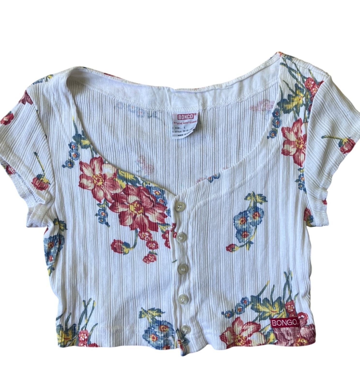 Bongo VTG 80-90’s Baby Tee Henley Crop Top Large White Floral Cottage Grunge