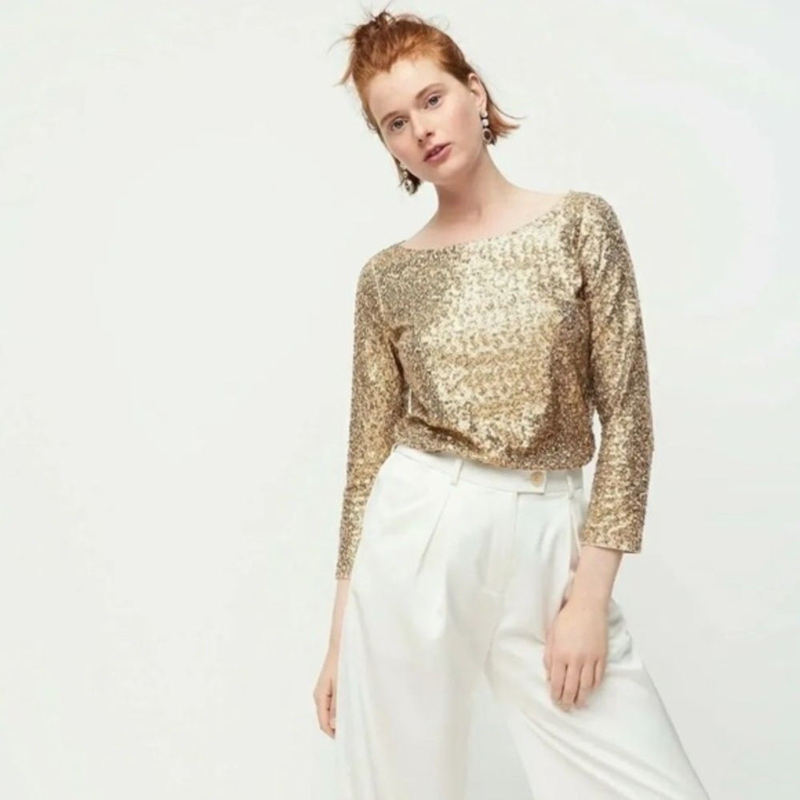 JCREW SEQUINED SPARKLY LONG 3/4 SLEEVE ROUND NECK PULLOVER TOP S