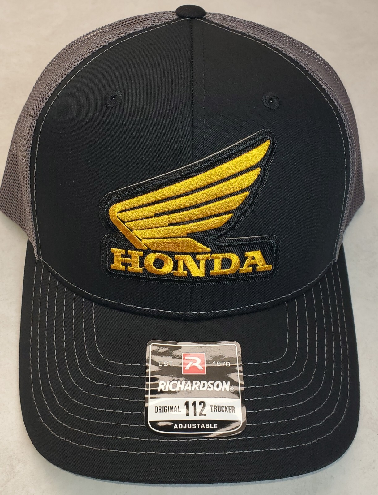 Honda Wing Logo Patch on Richardson 112 Trucker Hat Snapback Black/Charcoal