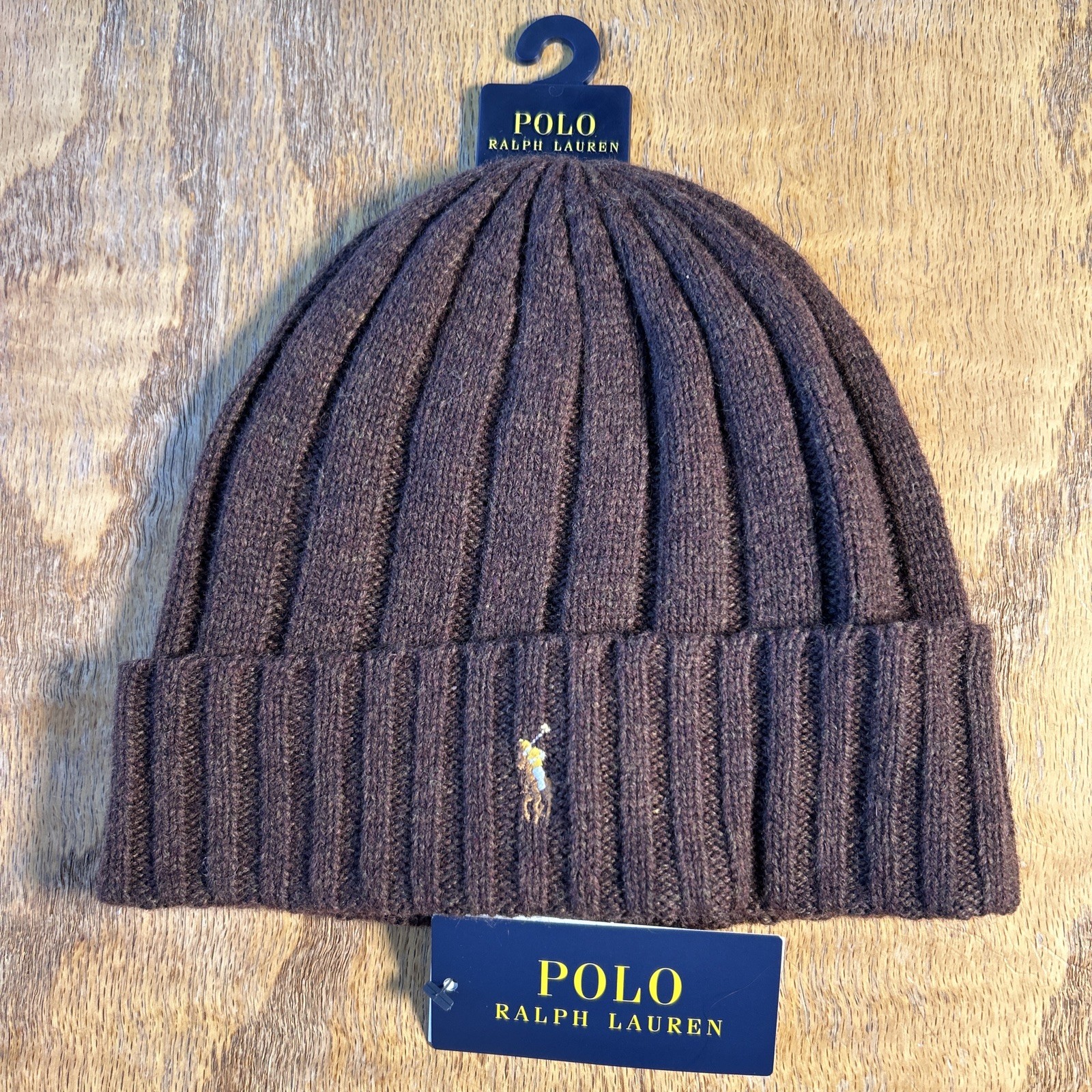 Polo Ralph Lauren Dark Brown Heather Wool Blend Ribbed Cuff Beanie Men One Size