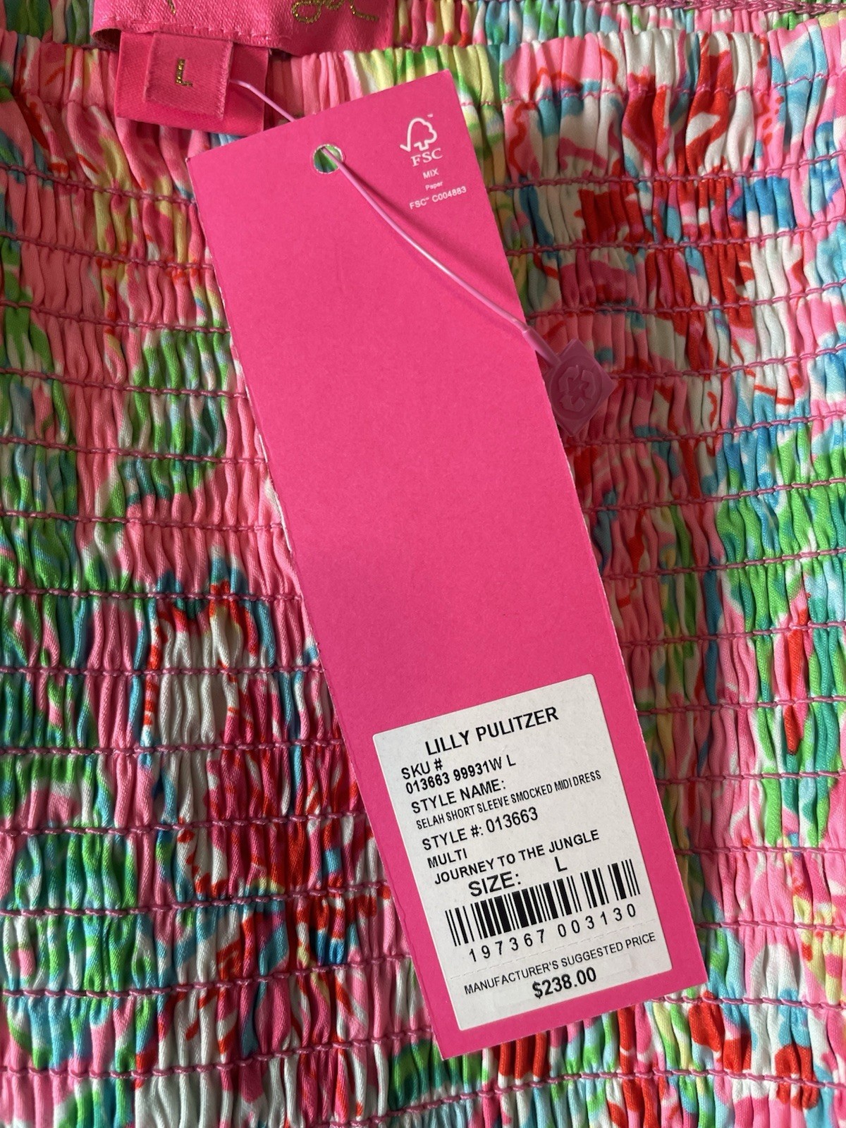 NWT Lilly Pulitzer Selah Smocked Midi Dress Journey to the Jungle Size L