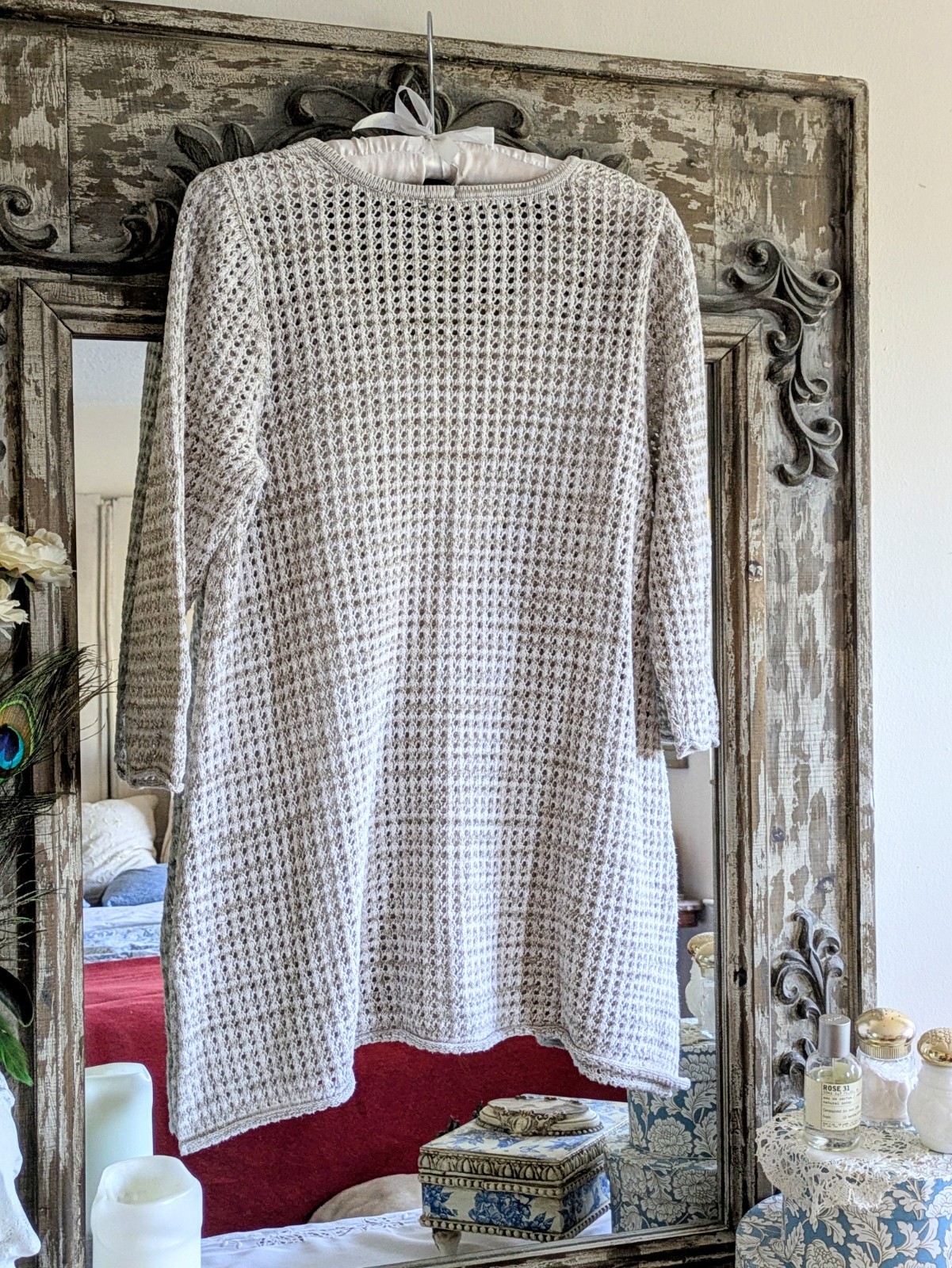Jeanne Pierre 100% Cotton Sz L Beige Open Knit Beachy Sweater Coastal Grandma