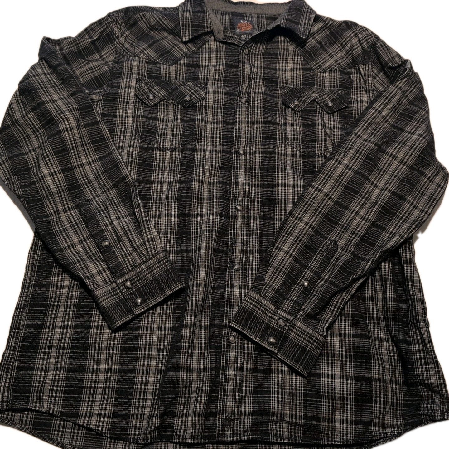 Moon Shine Spirits Snap Shirt Mens 2XL Gray Black Plaid Long Sleeve Collared
