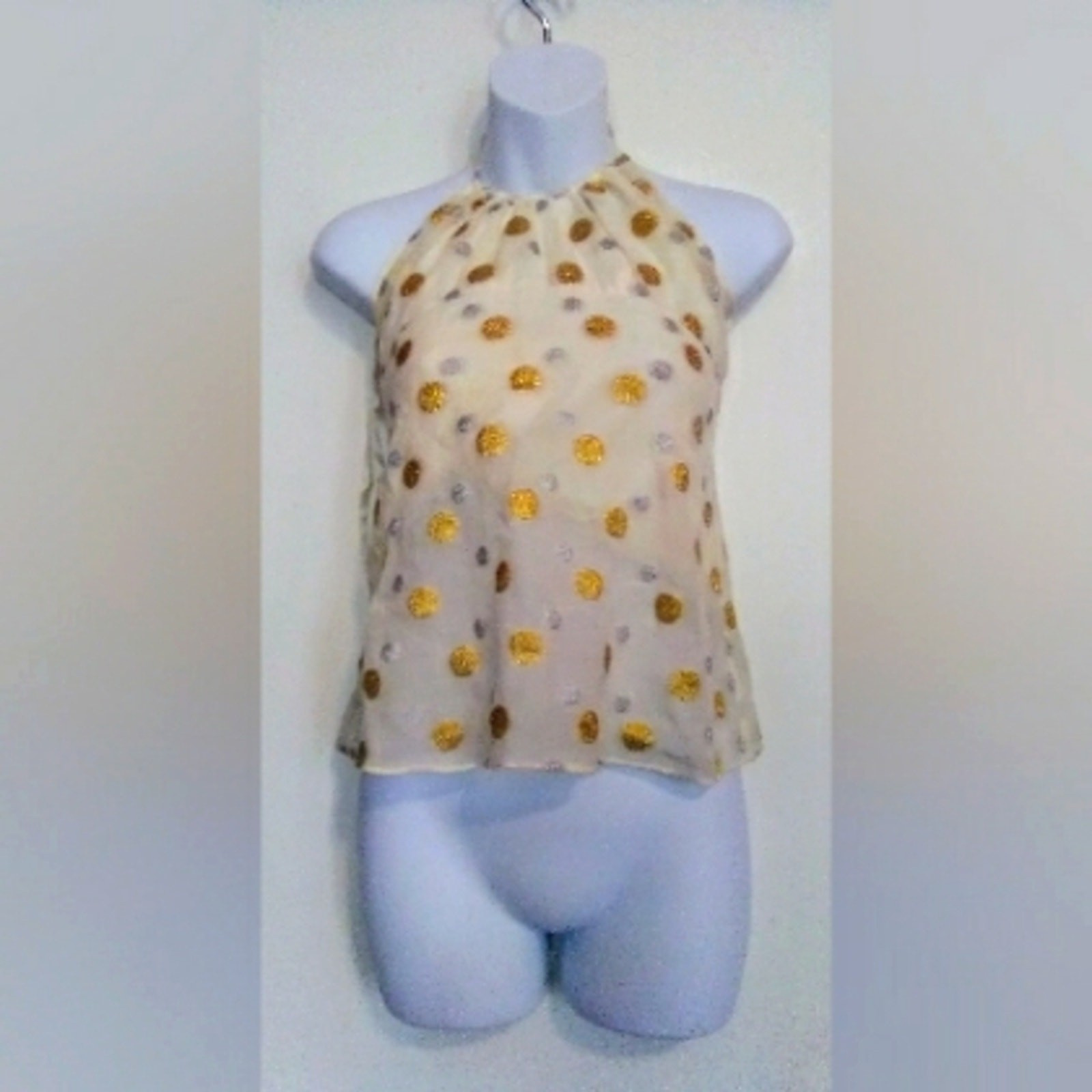 EXPRESS DESIGN STUDIO GOLD AND SILVER POLKA DOT HALTER TOP SZ XS
