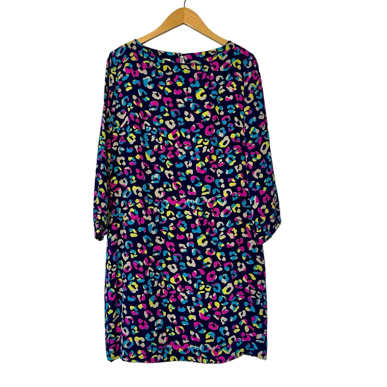 Britt Ryan Shift Dress Sz L Navy Leopard Multicolor 3/4 Slv 100% Silk Made In US