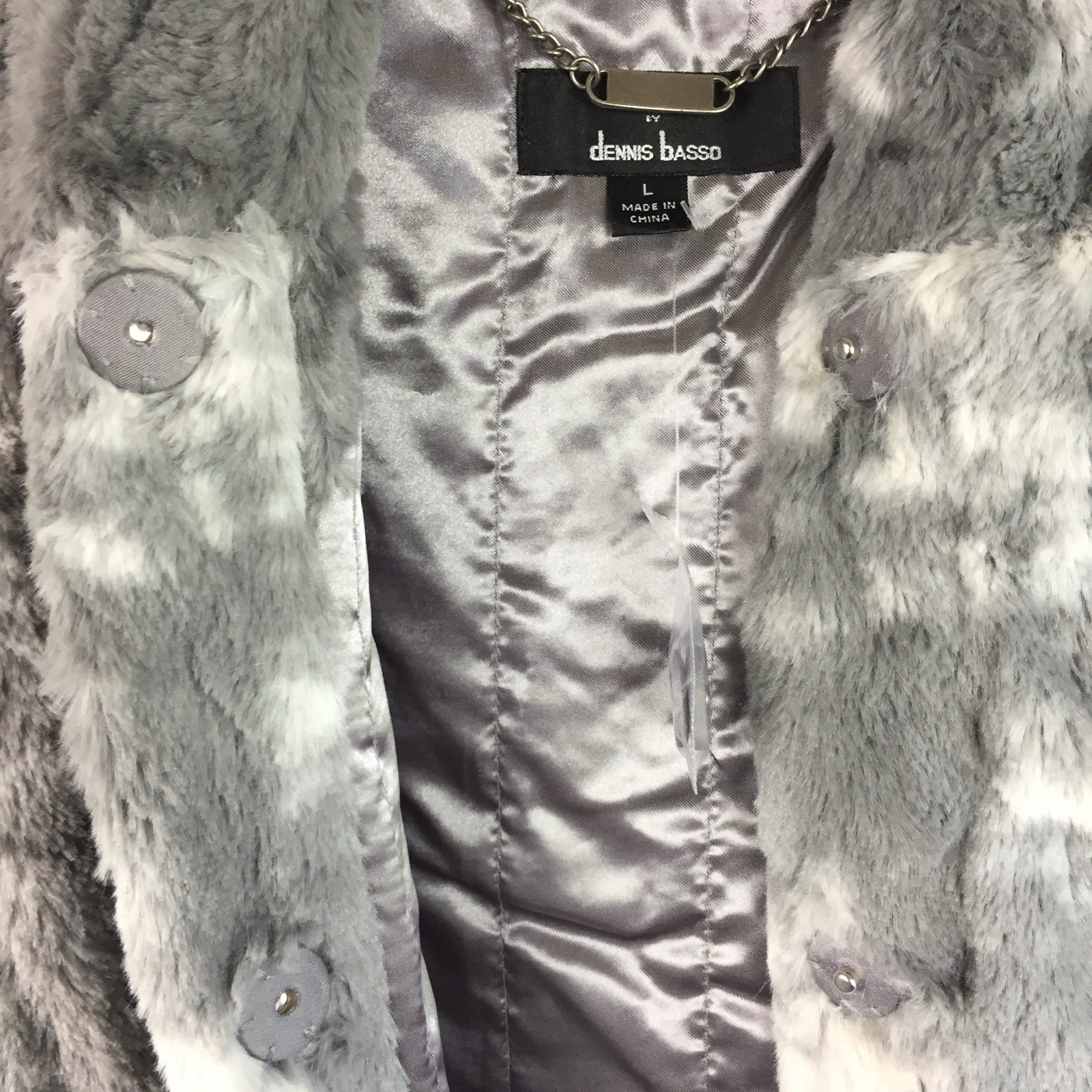 NWOT Dennis Basso Snap Front Faux Fur Hooded Vest Textured Gray Size Large Lined