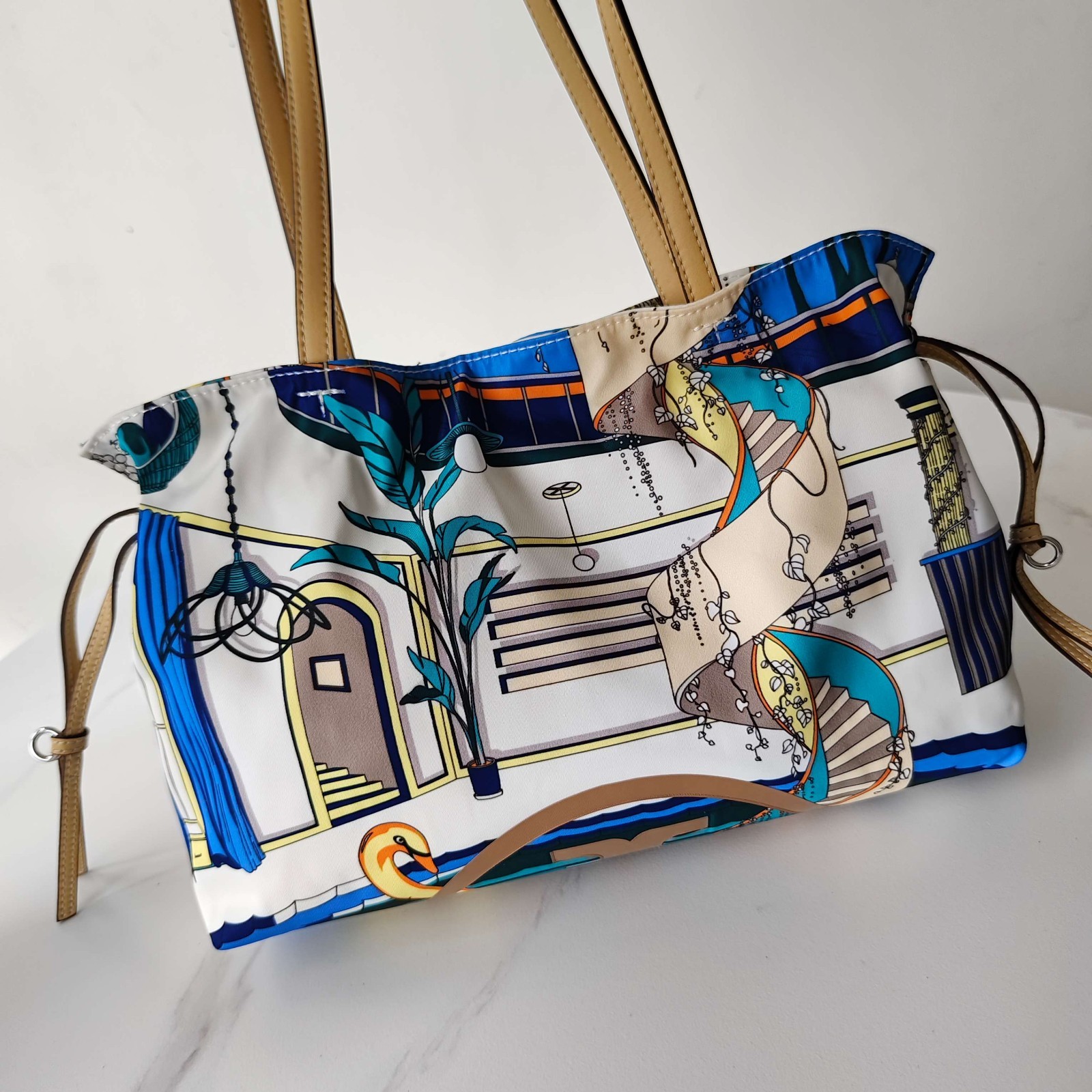 NWT Ella Printed Coated Canvas Drawstring Small Tote Shoulder Bag White Blue