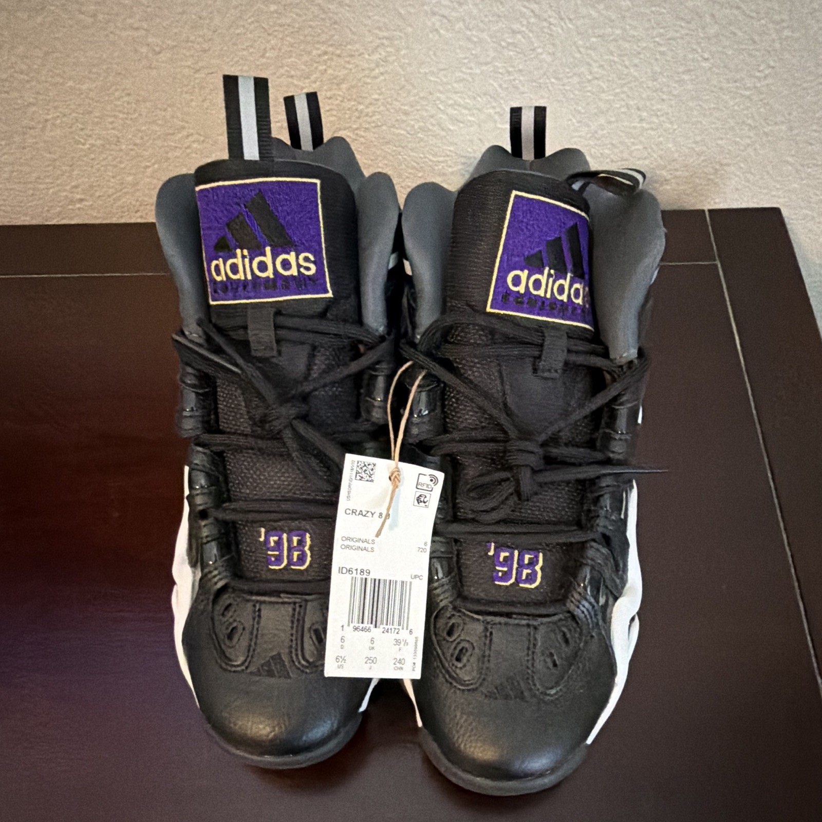NWT adidas Originals Crazy 8 Size 6.5 Black/Purple/White Mid Top Leather ID6189