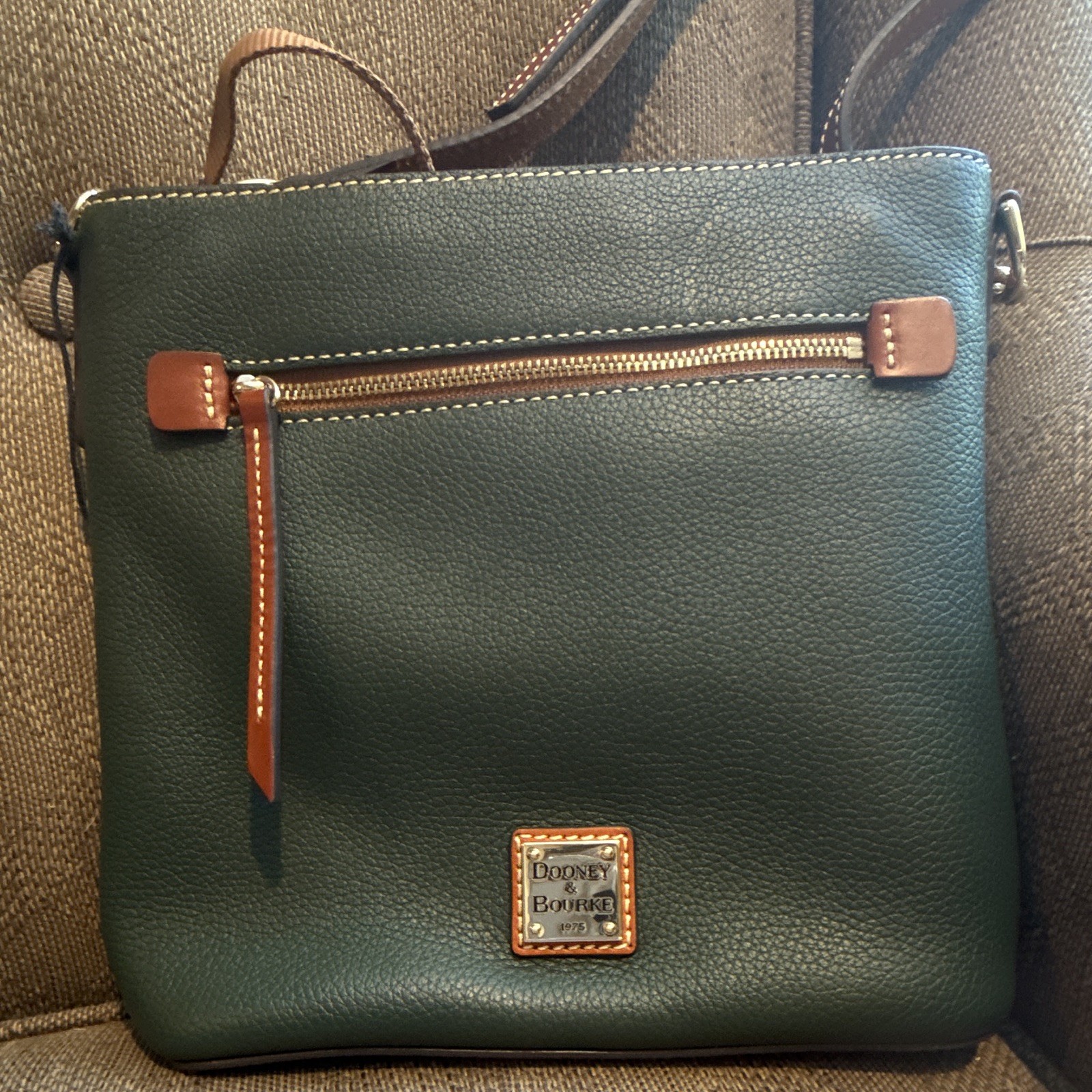 Dooney & Bourke Pebbled Green/Brown Zip Crossbody, Gold Hardware, Pockets