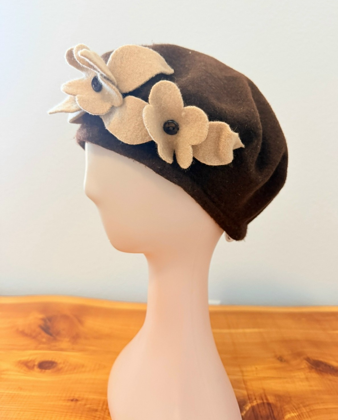 PARKHURST Made in Canada 100% Wool Brown/Beige Floral French Beret Hat