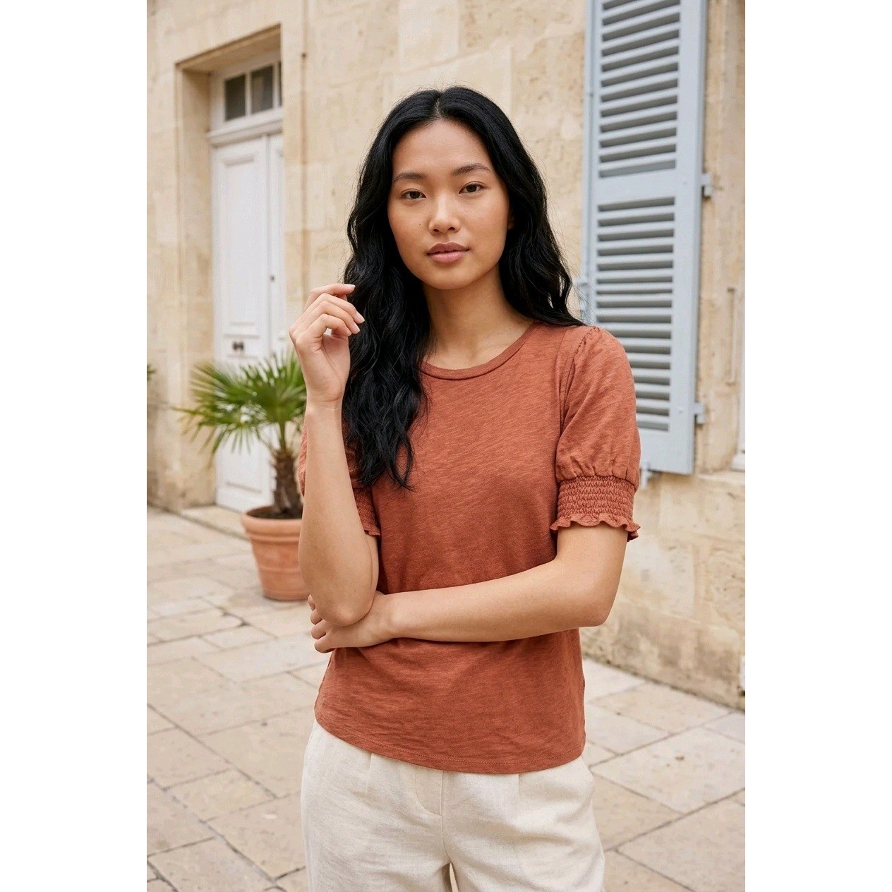 GAP Women Rust Orange Organically Grown Cotton Puff Sleeve Smocked Cuff Tee M